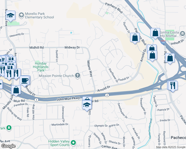map of restaurants, bars, coffee shops, grocery stores, and more near 1900 La Veranda Place in Martinez