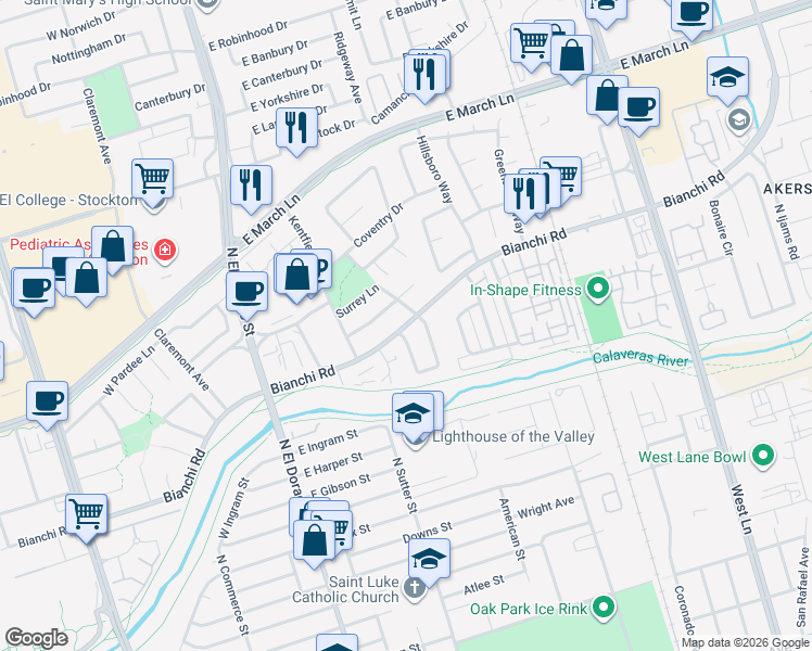 map of restaurants, bars, coffee shops, grocery stores, and more near 257 E Bianchi Rd in Stockton