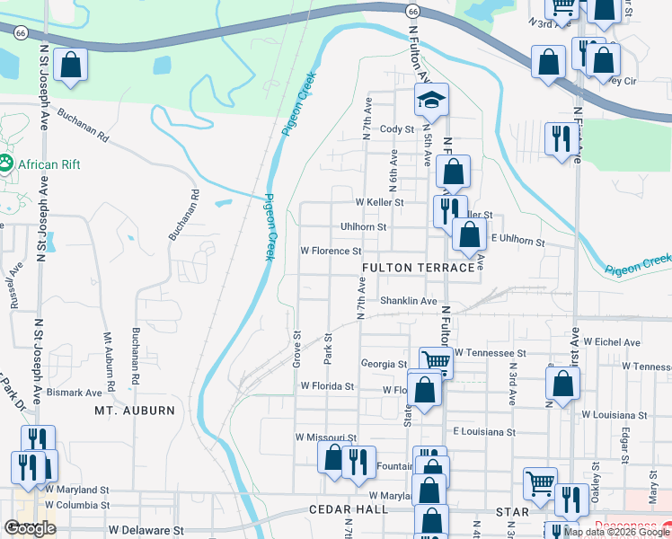 map of restaurants, bars, coffee shops, grocery stores, and more near 1602-1698 Park Street in Evansville