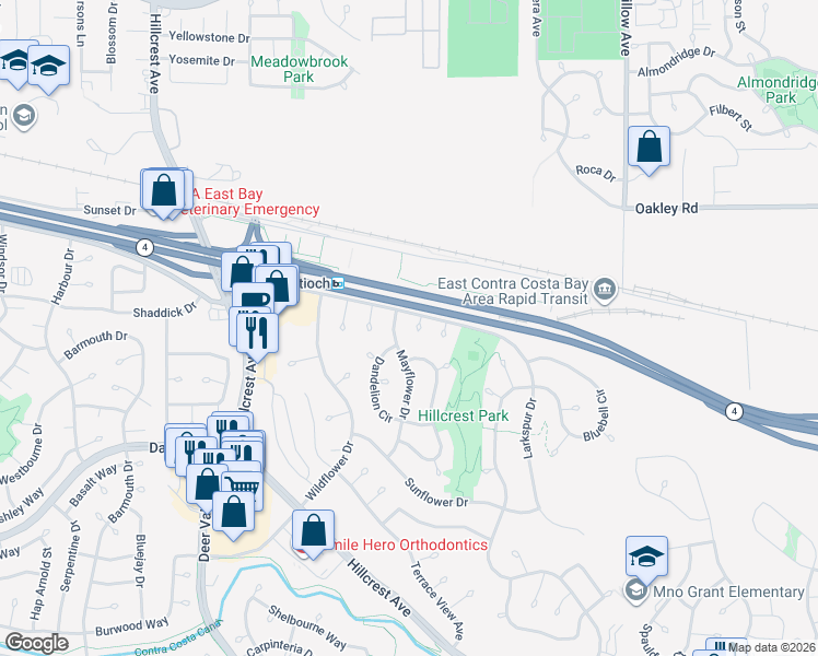 map of restaurants, bars, coffee shops, grocery stores, and more near 2727 Mayflower Drive in Antioch