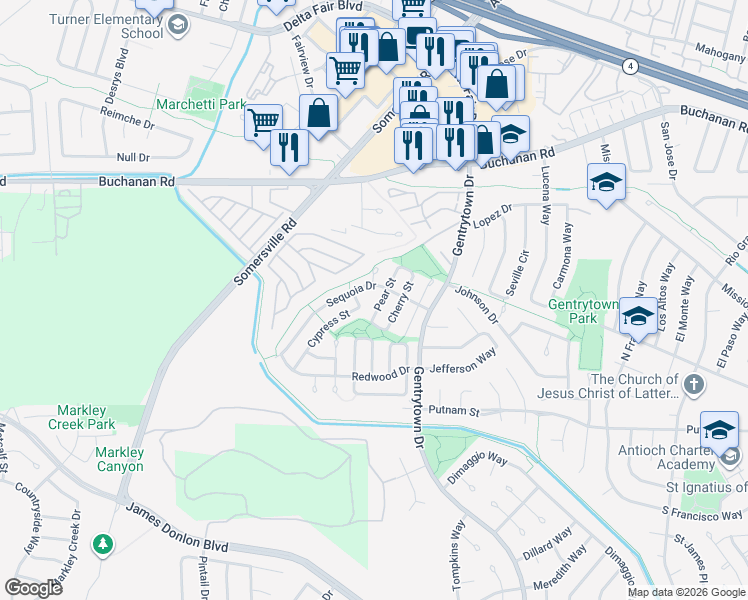map of restaurants, bars, coffee shops, grocery stores, and more near 3033 Pear Street in Antioch