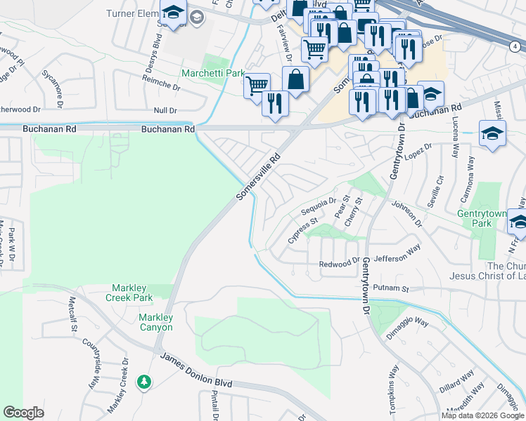 map of restaurants, bars, coffee shops, grocery stores, and more near 27 Bradley Lane in Antioch