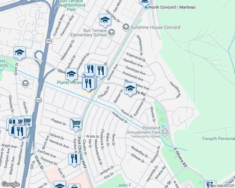 map of restaurants, bars, coffee shops, grocery stores, and more near 3354 Benton Street in Concord