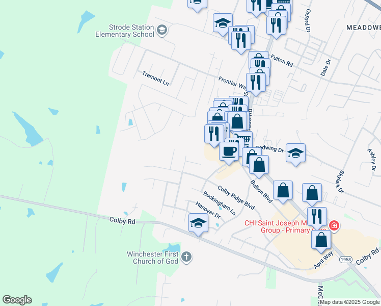 map of restaurants, bars, coffee shops, grocery stores, and more near 114 Abbeywood Court in Winchester