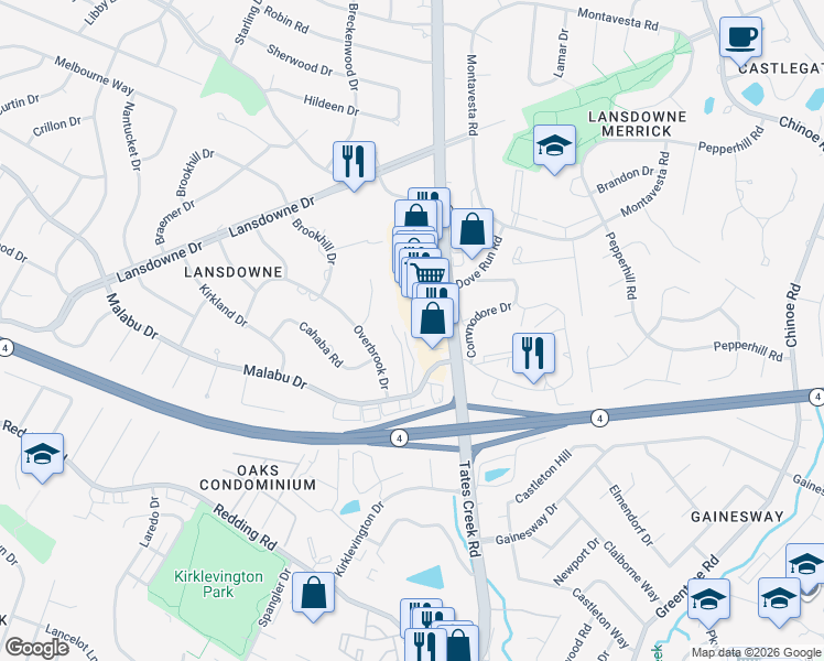 map of restaurants, bars, coffee shops, grocery stores, and more near 857 Malabu Drive in Lexington