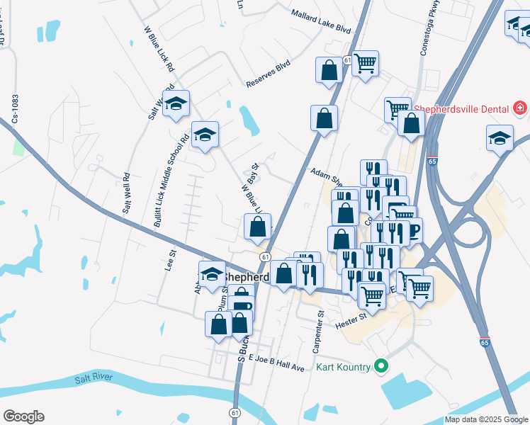 map of restaurants, bars, coffee shops, grocery stores, and more near 151 West Blue Lick Road in Shepherdsville