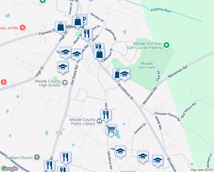 map of restaurants, bars, coffee shops, grocery stores, and more near 831-1065 Brandenburg-Ekron Road in Brandenburg