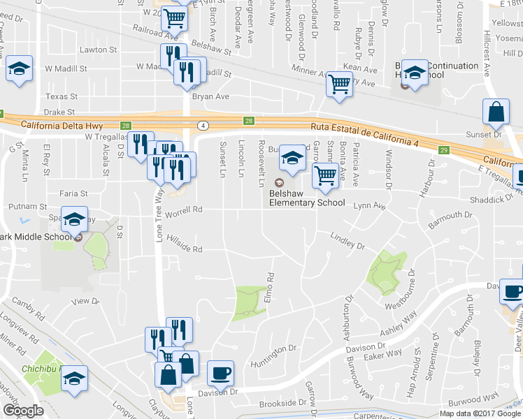 map of restaurants, bars, coffee shops, grocery stores, and more near Roosevelt Lane in Antioch