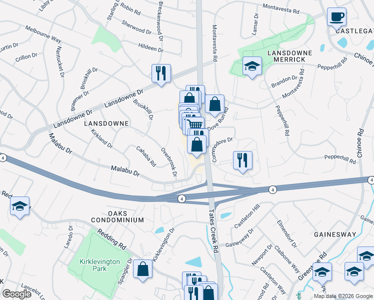 map of restaurants, bars, coffee shops, grocery stores, and more near 857 Malabu Drive in Lexington