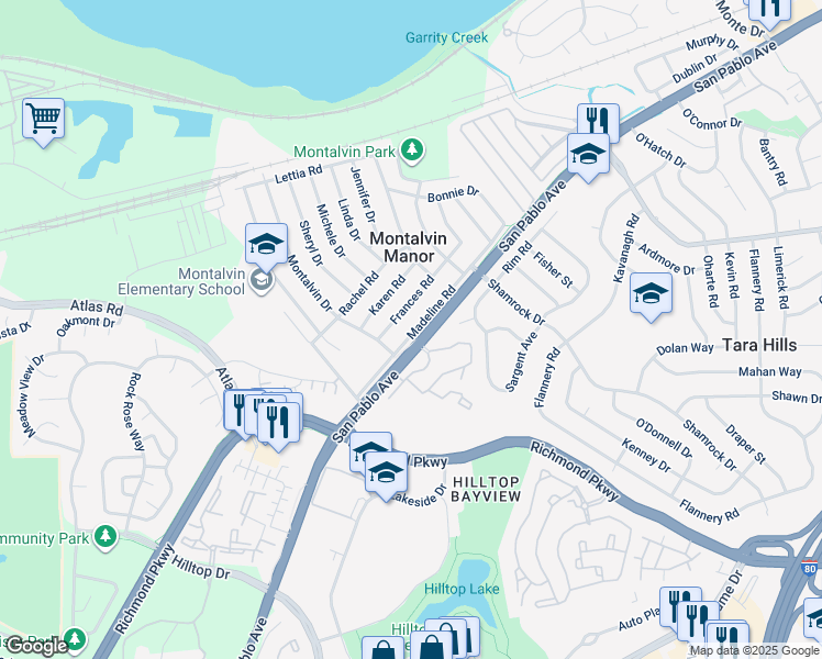 map of restaurants, bars, coffee shops, grocery stores, and more near 1273 Madeline Road in San Pablo