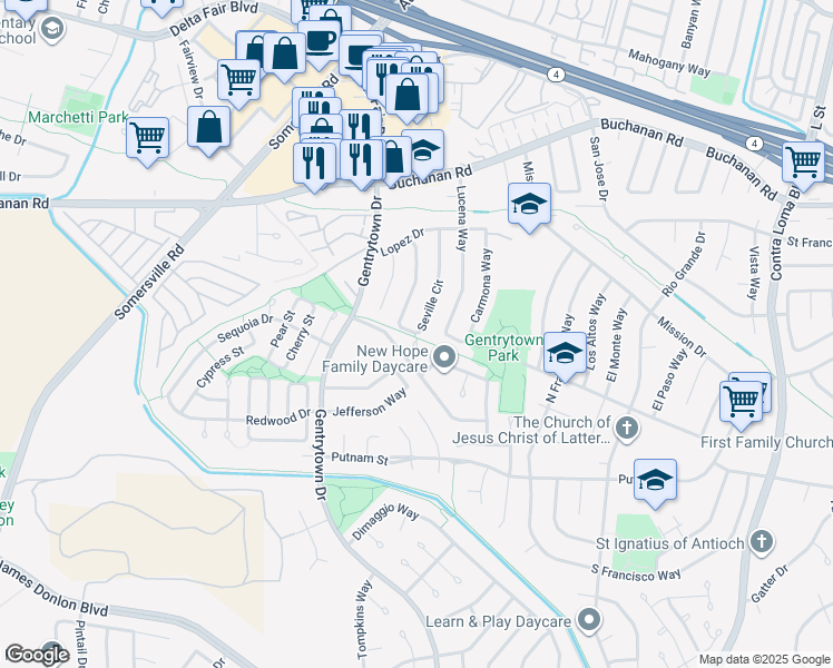map of restaurants, bars, coffee shops, grocery stores, and more near 2800 Seville Circle in Antioch