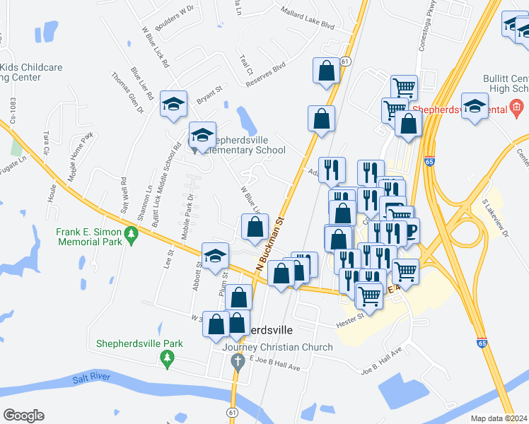 map of restaurants, bars, coffee shops, grocery stores, and more near 160 West Blue Lick Road in Shepherdsville