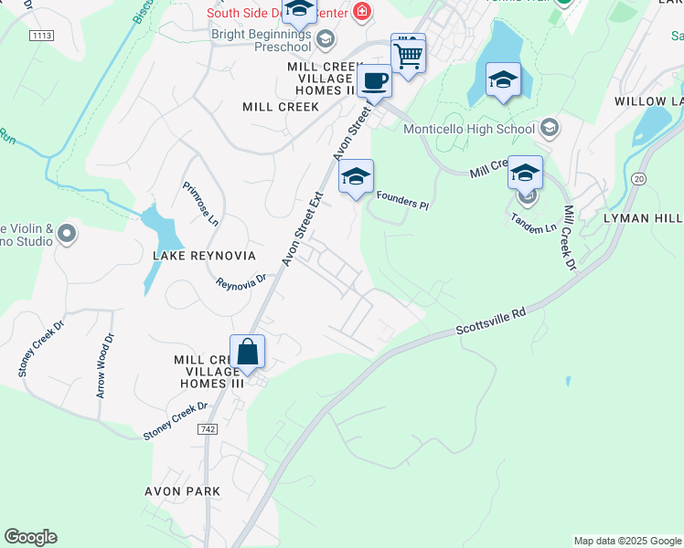 map of restaurants, bars, coffee shops, grocery stores, and more near 2308 Avinity Court in Charlottesville