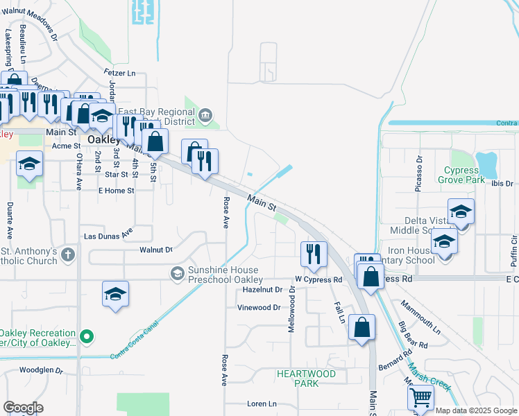 map of restaurants, bars, coffee shops, grocery stores, and more near 4721 Bayside Way in Oakley