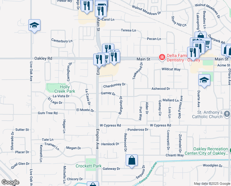 map of restaurants, bars, coffee shops, grocery stores, and more near 1916 Gamay Drive in Oakley