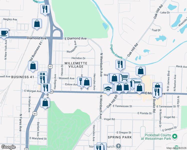 map of restaurants, bars, coffee shops, grocery stores, and more near 1711 Marie Avenue in Evansville