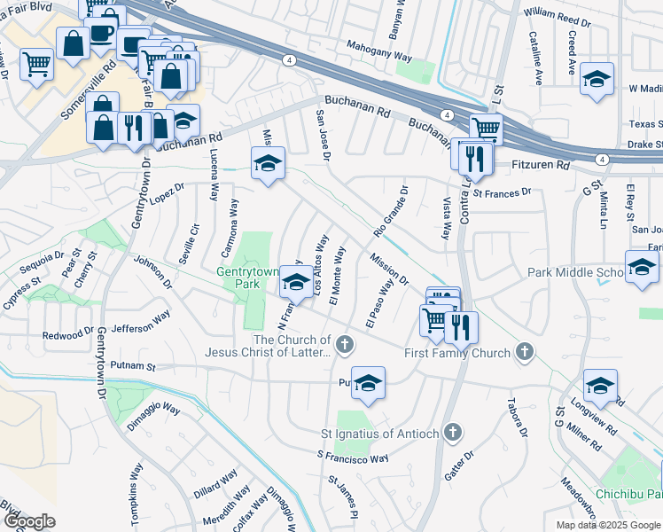 map of restaurants, bars, coffee shops, grocery stores, and more near 2928 El Monte Way in Antioch
