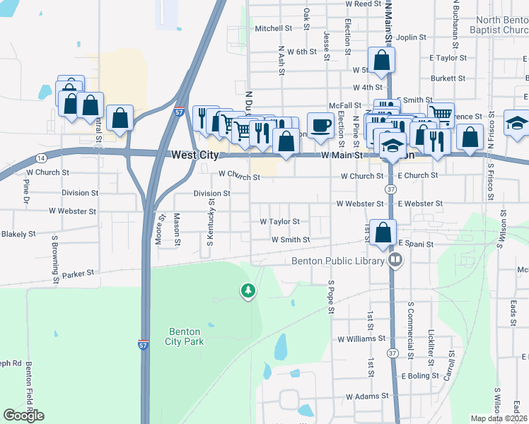 map of restaurants, bars, coffee shops, grocery stores, and more near 414 West Taylor Street in Benton