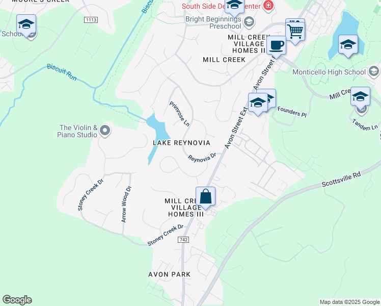 map of restaurants, bars, coffee shops, grocery stores, and more near 1549 Reynovia Drive in Charlottesville