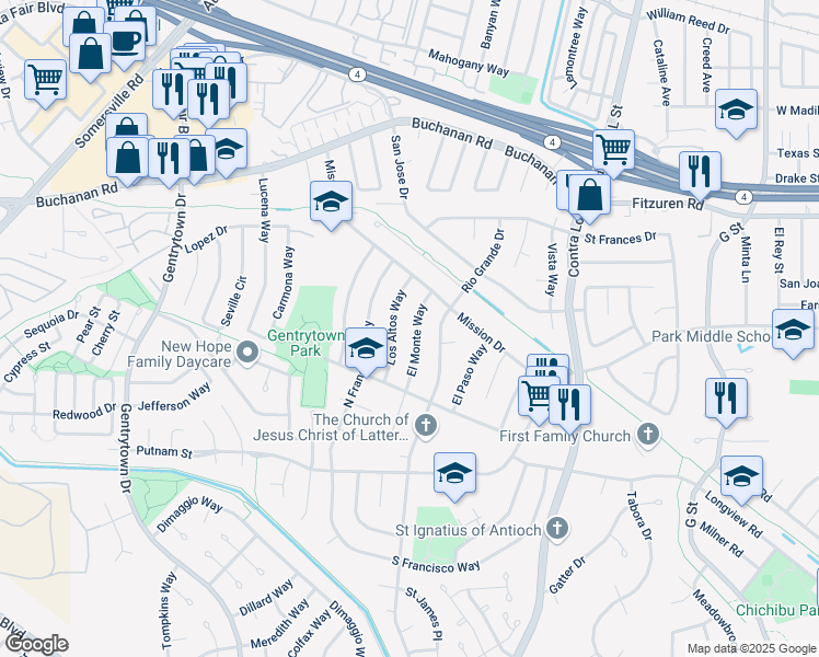 map of restaurants, bars, coffee shops, grocery stores, and more near 2928 El Monte Way in Antioch