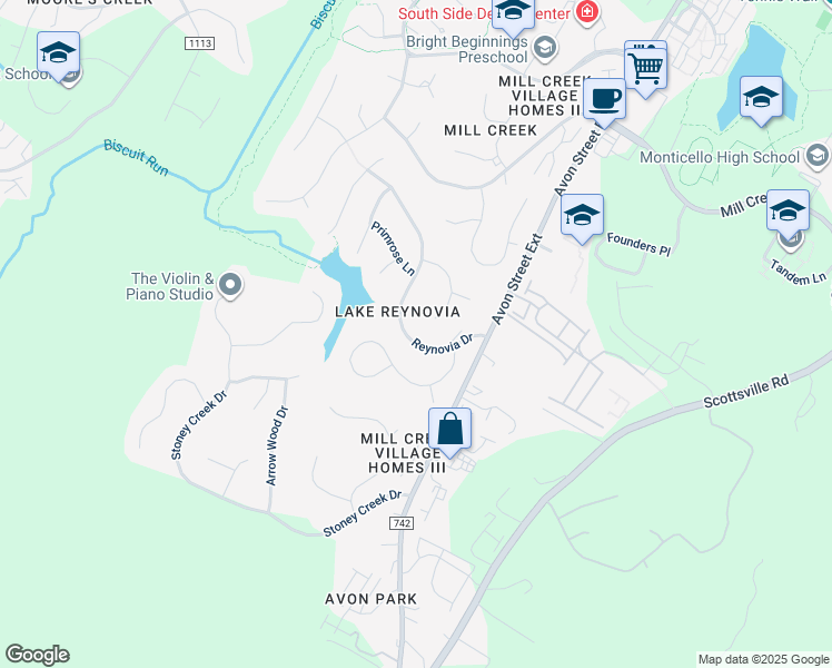map of restaurants, bars, coffee shops, grocery stores, and more near 1549 Reynovia Drive in Charlottesville