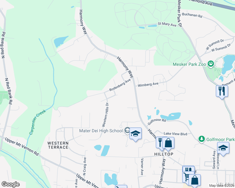 map of restaurants, bars, coffee shops, grocery stores, and more near 1607 North Elm Avenue in Evansville
