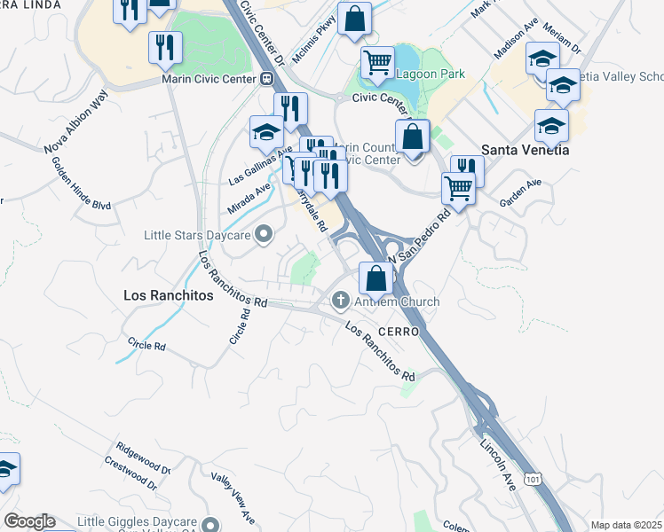map of restaurants, bars, coffee shops, grocery stores, and more near 3 North San Pedro Road in San Rafael