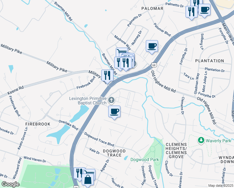 map of restaurants, bars, coffee shops, grocery stores, and more near 4574 Old Schoolhouse Lane in Lexington