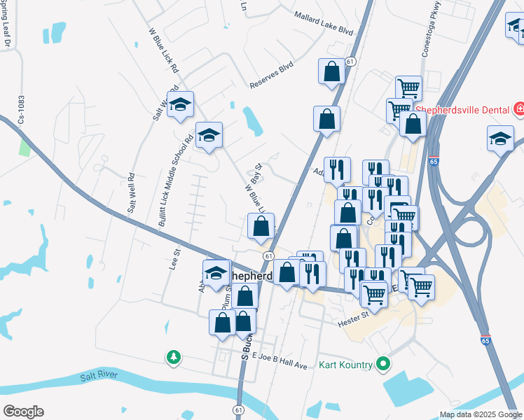map of restaurants, bars, coffee shops, grocery stores, and more near 151 West Blue Lick Road in Shepherdsville