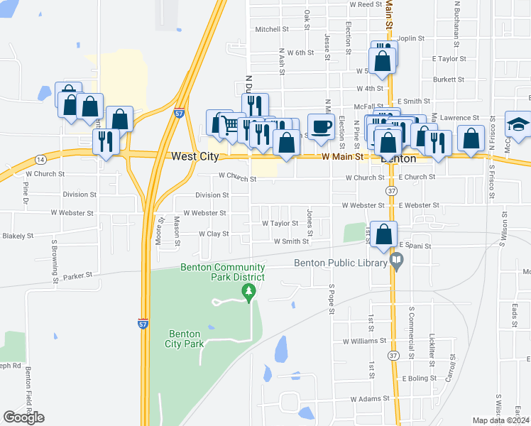 map of restaurants, bars, coffee shops, grocery stores, and more near 414 West Taylor Street in Benton