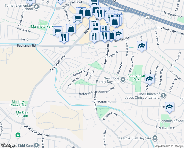 map of restaurants, bars, coffee shops, grocery stores, and more near 2930 Cherry Street in Antioch