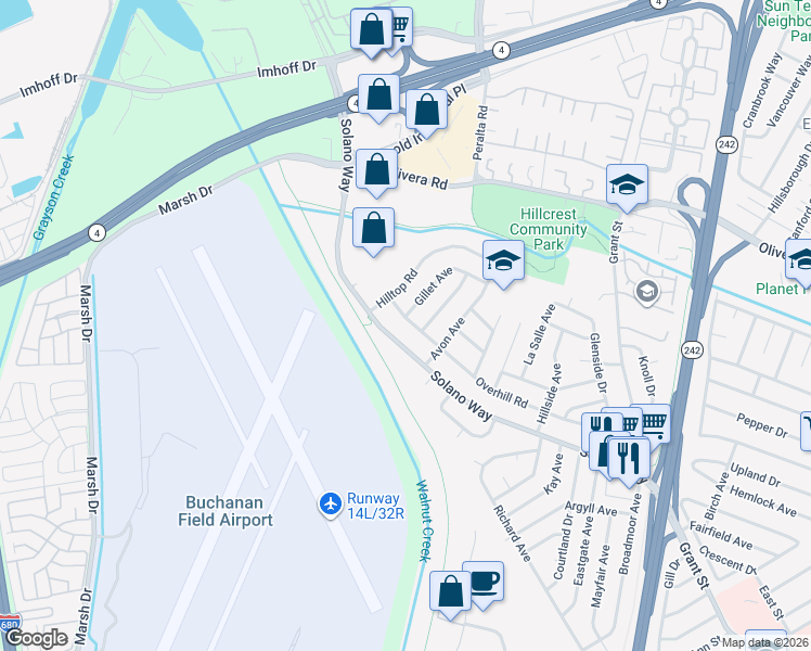 map of restaurants, bars, coffee shops, grocery stores, and more near 1867 Solano Way in Concord