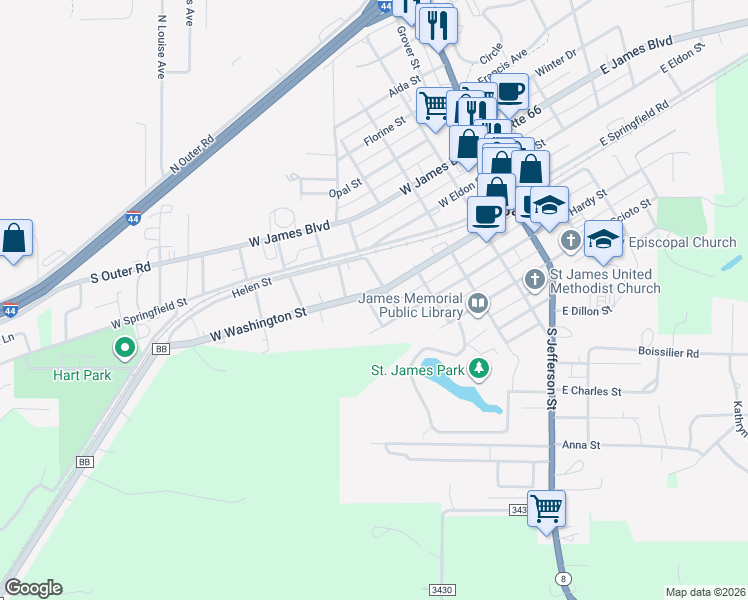 map of restaurants, bars, coffee shops, grocery stores, and more near 517 West Hardy Street in Saint James