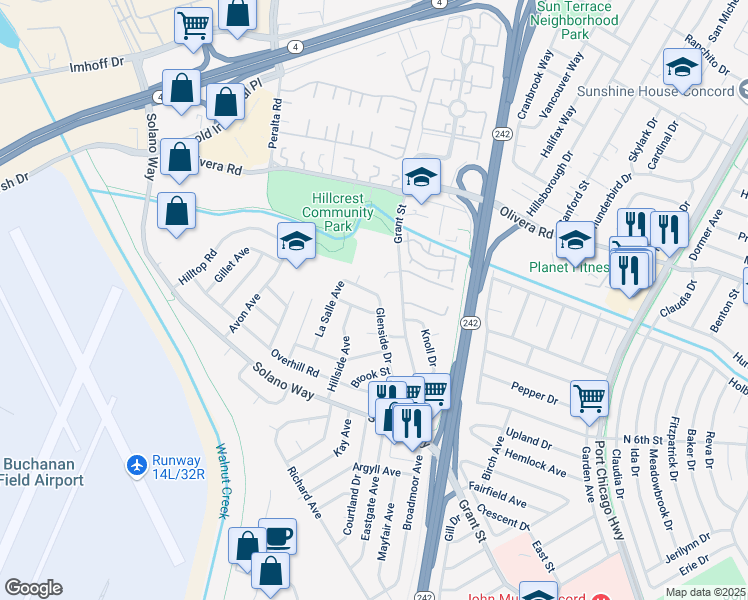 map of restaurants, bars, coffee shops, grocery stores, and more near 2949 Glenside Drive in Concord