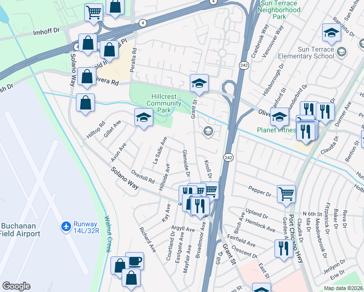 map of restaurants, bars, coffee shops, grocery stores, and more near 2949 Glenside Drive in Concord