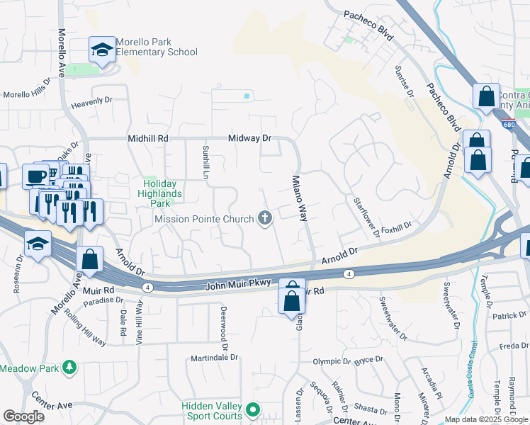 map of restaurants, bars, coffee shops, grocery stores, and more near 4024 Hiller Lane in Martinez