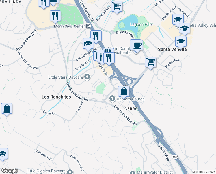 map of restaurants, bars, coffee shops, grocery stores, and more near 111 Merrydale Road in San Rafael