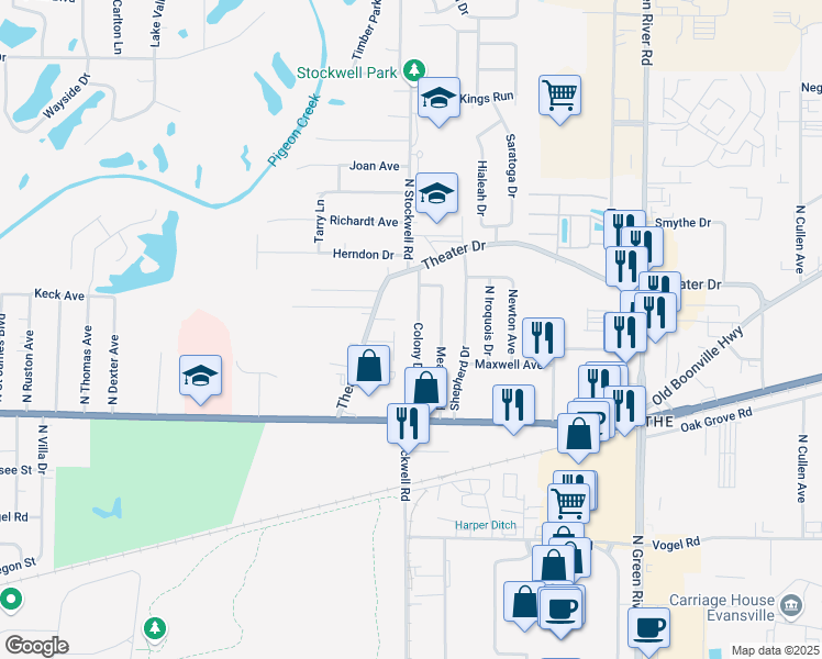 map of restaurants, bars, coffee shops, grocery stores, and more near 1805 Colony Drive in Evansville