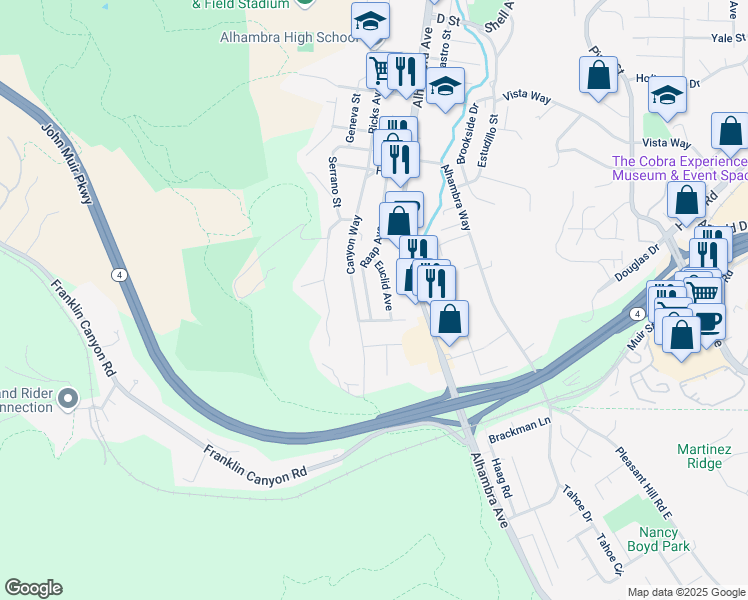 map of restaurants, bars, coffee shops, grocery stores, and more near 341 Arroyo Drive in Martinez