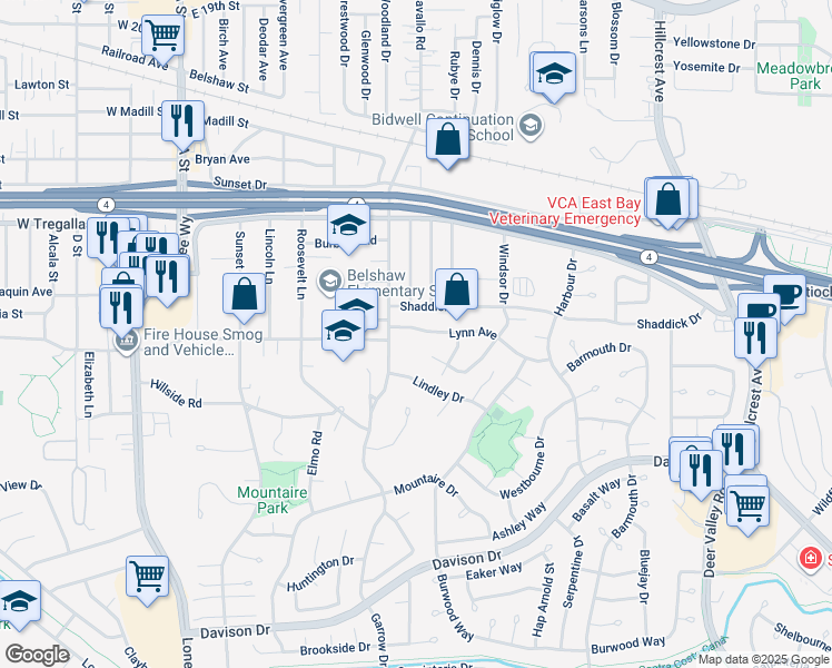 map of restaurants, bars, coffee shops, grocery stores, and more near 416 Lynn Avenue in Antioch