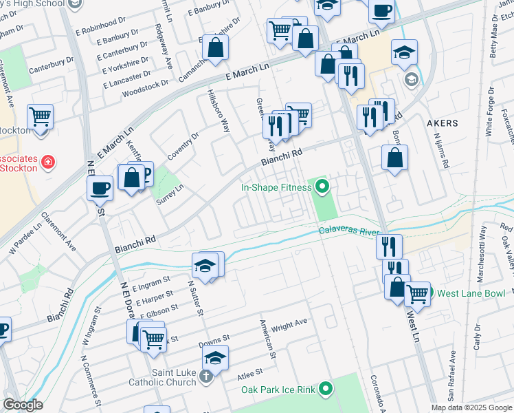 map of restaurants, bars, coffee shops, grocery stores, and more near 4428 Calandria Street in Stockton