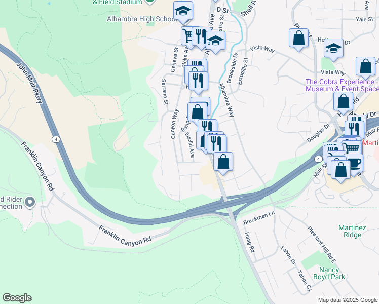 map of restaurants, bars, coffee shops, grocery stores, and more near 4012 Euclid Avenue in Martinez