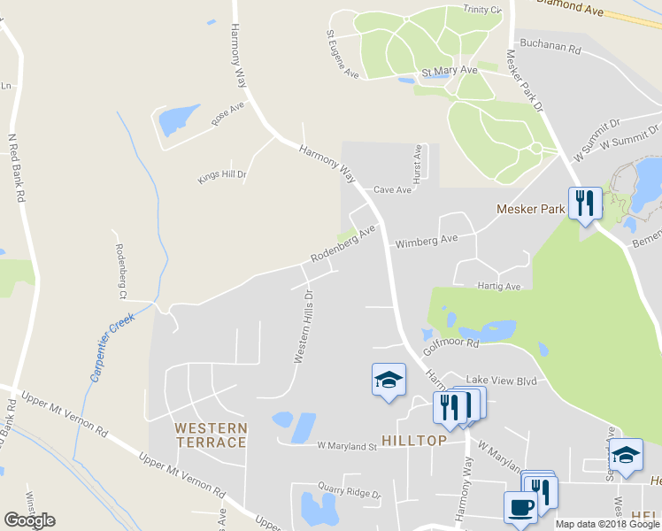 map of restaurants, bars, coffee shops, grocery stores, and more near 1600 North Elm Street in Evansville