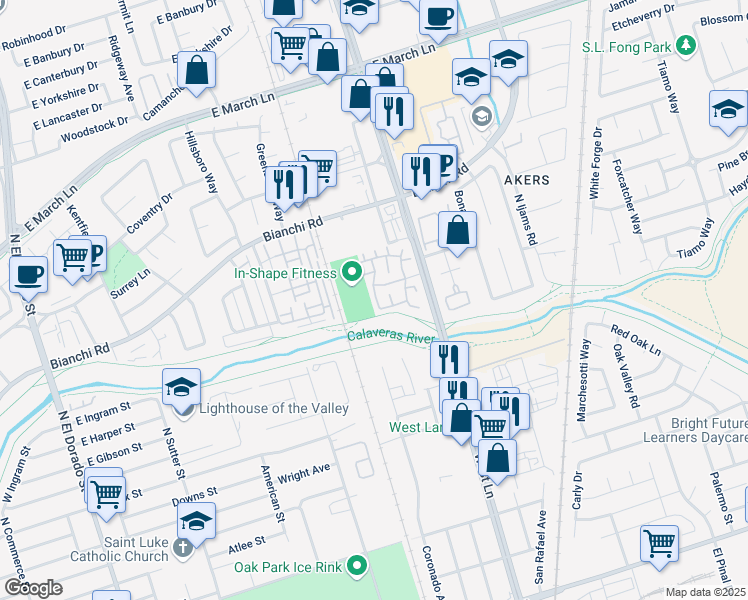 map of restaurants, bars, coffee shops, grocery stores, and more near 4417 Oakfield Drive in Stockton