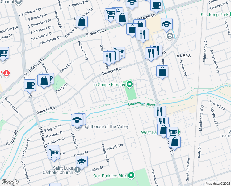 map of restaurants, bars, coffee shops, grocery stores, and more near 606 Liberty Way in Stockton