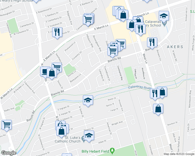 map of restaurants, bars, coffee shops, grocery stores, and more near 4414 La Cresta Way in Stockton
