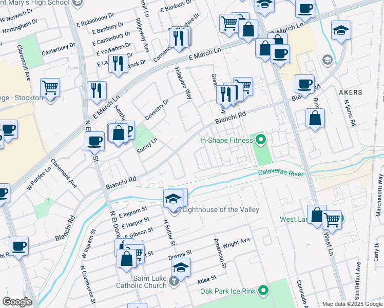 map of restaurants, bars, coffee shops, grocery stores, and more near 4470 Dorset Street in Stockton