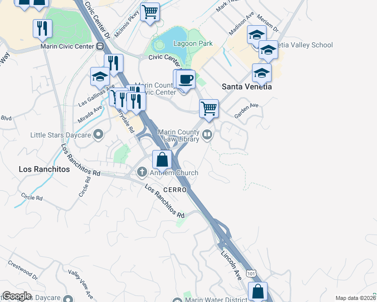 map of restaurants, bars, coffee shops, grocery stores, and more near 15 Tarrant Court in San Rafael