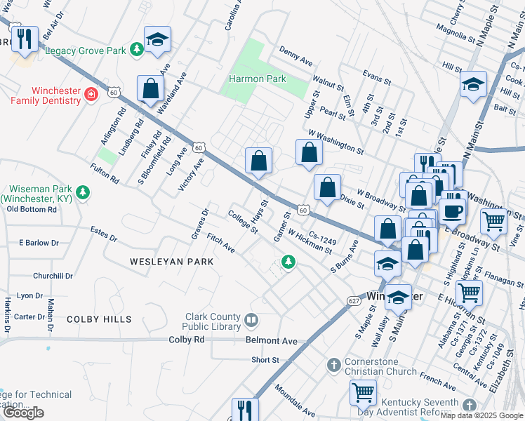 map of restaurants, bars, coffee shops, grocery stores, and more near 405 College Street in Winchester