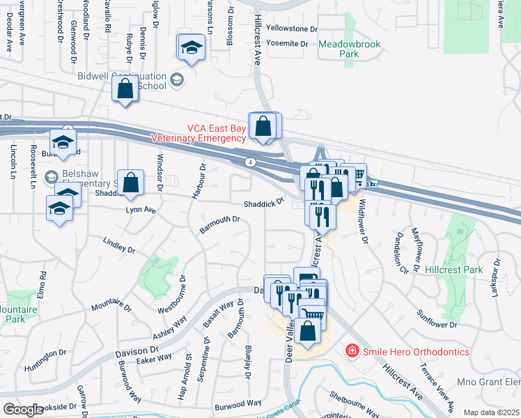 map of restaurants, bars, coffee shops, grocery stores, and more near 2800 Harris Drive in Antioch